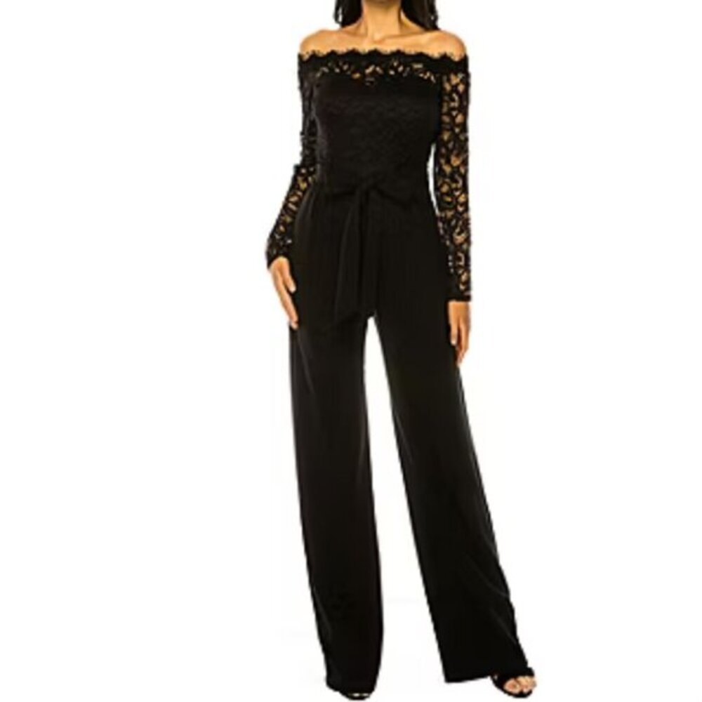 Women's Premier Amour Off the Shoulder Long Sleeve Black Jumpsuit ~ Size 8